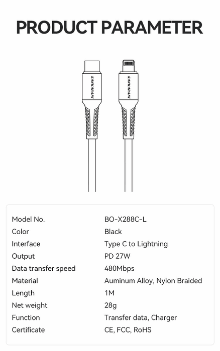 USB-C to Lightning Fast Charging Cable PD 27W Nylon 1M